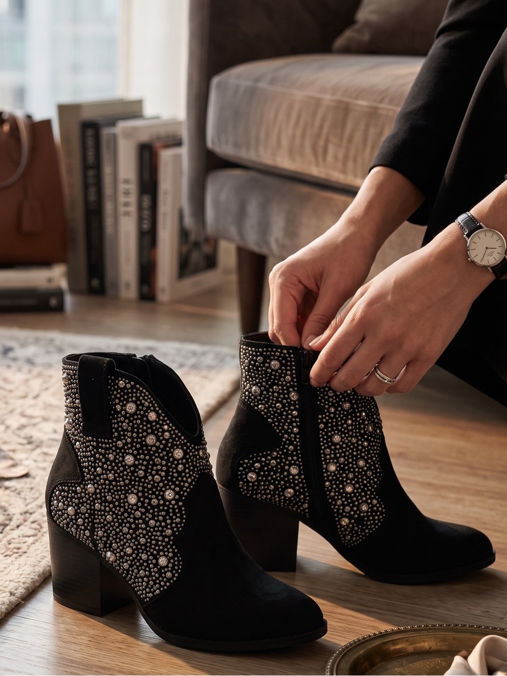 Sugar Comet Black Studded Cowgirl Ankle Booties with Silver Accents Boots Size 8